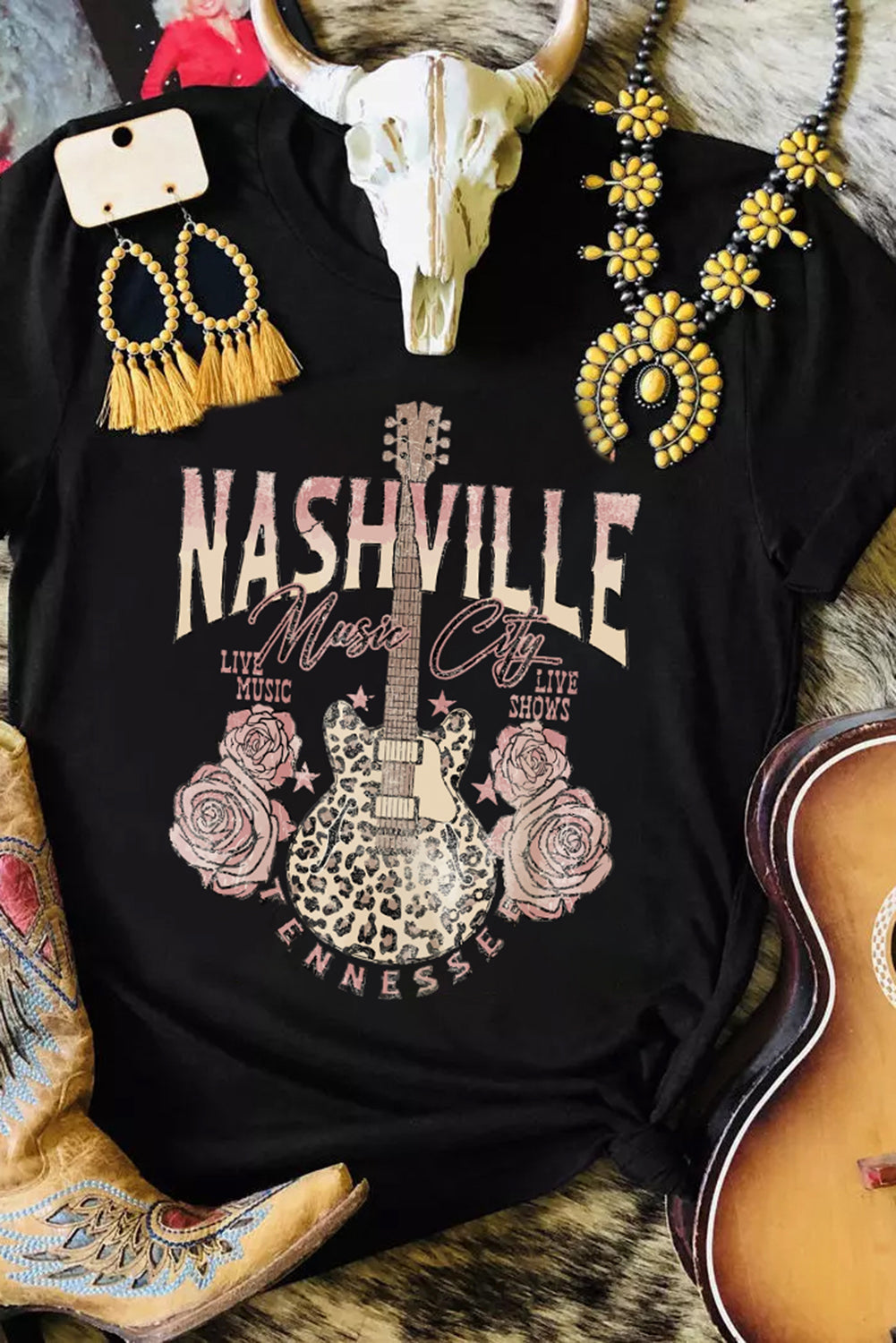 Black Nashville Music City Leopard Guitar Graphic T Shirt - Aaria Tees