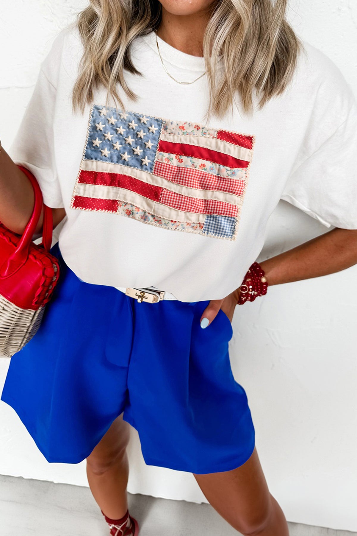White Faux Patchwork Printed US Flag Casual Tee - Aaria Tees