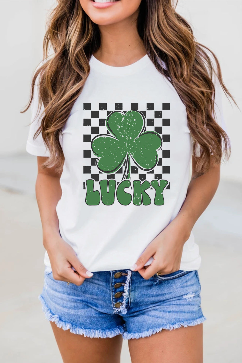White Checker LUCKY Clover Printed St Patricks T Shirt - Aaria Tees Aaria Tees