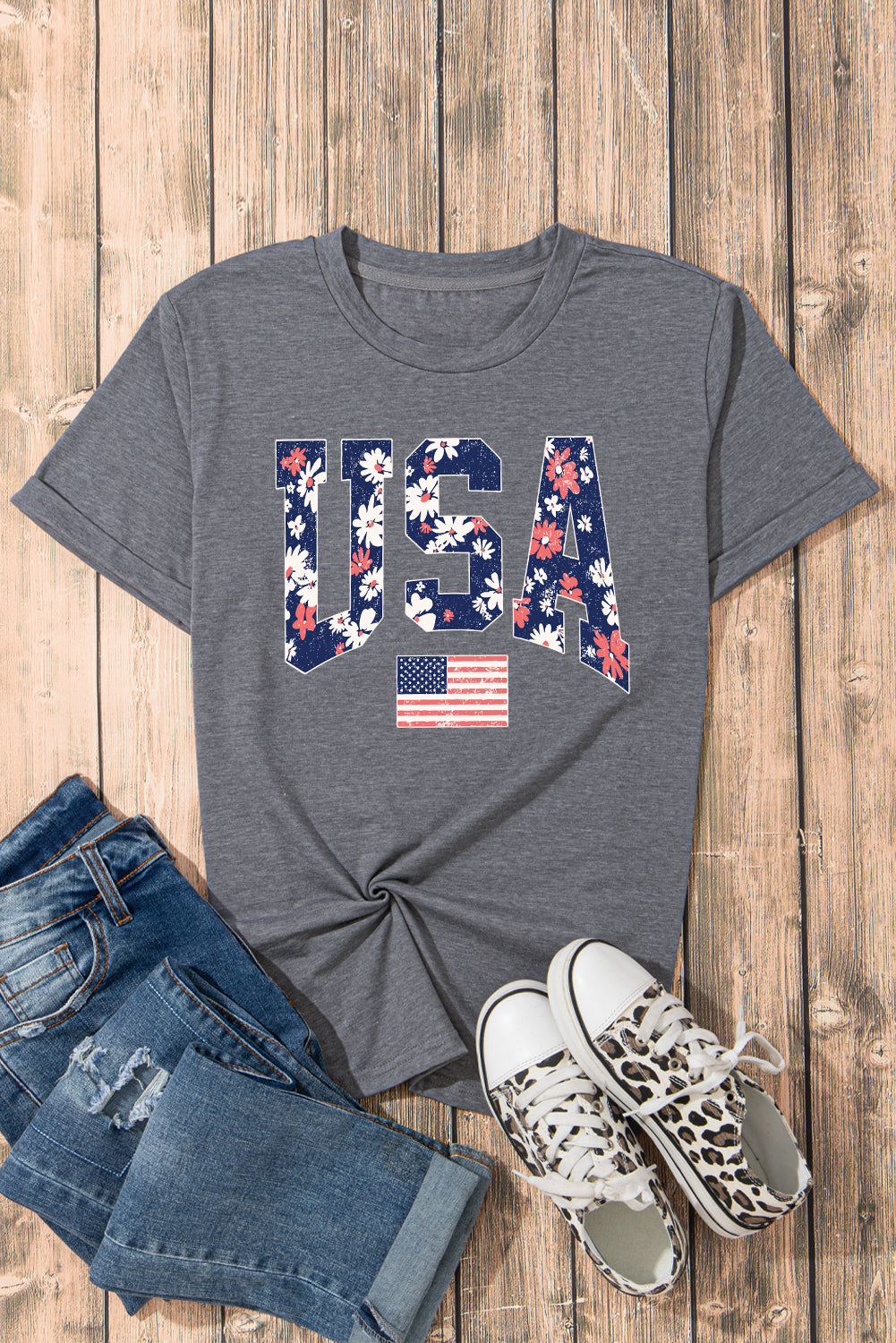 Gray Blooming USA Flag Print Casual T Shirt - Aaria Tees Aaria Tees