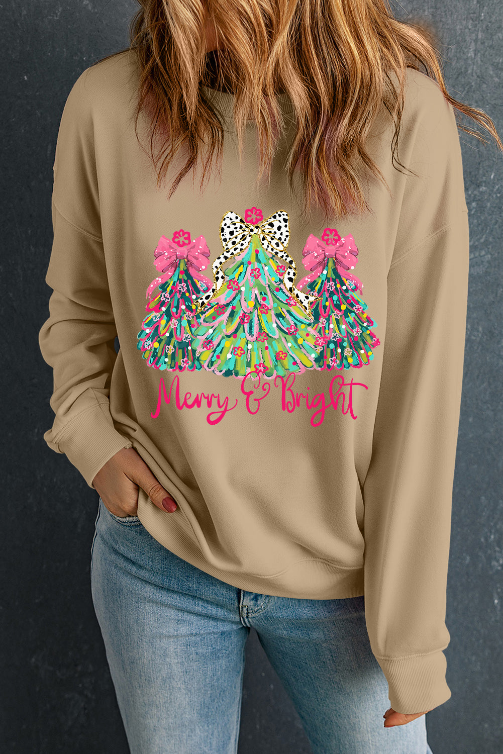 Khaki Merry & Bright Christmas Tree Print Pullover Sweatshirt - Aaria Tees Aaria Tees