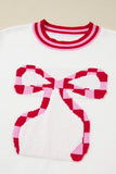 White Striped Trim Bow Graphic Round Neck Drop Shoulder Sweater Aaria Tees