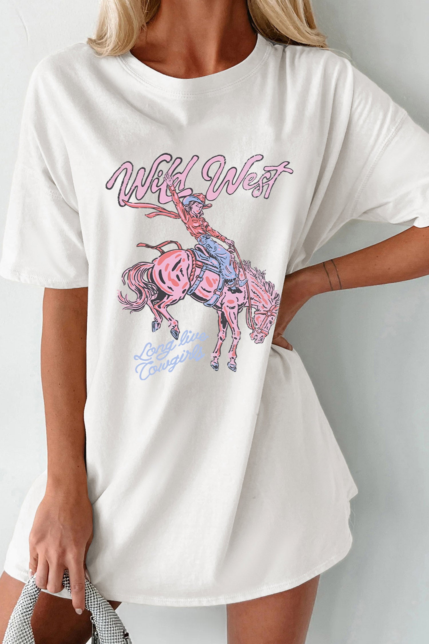 White Wild West Cowgirl Rodeo Graphic Tunic Tee - Aaria Tees Aaria Tees