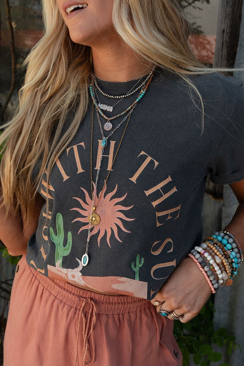 Dark Grey RISE WITH THE SUN Western Fashion Graphic Tee - Aaria Tees Aaria Tees