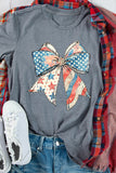 Gray US Flag Bow Print Round Neck Loose T Shirt Aaria Tees
