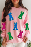 Pink Easter Bunny Chenille Patched Graphic Drop Shoulder Sweatshirt Aaria Tees