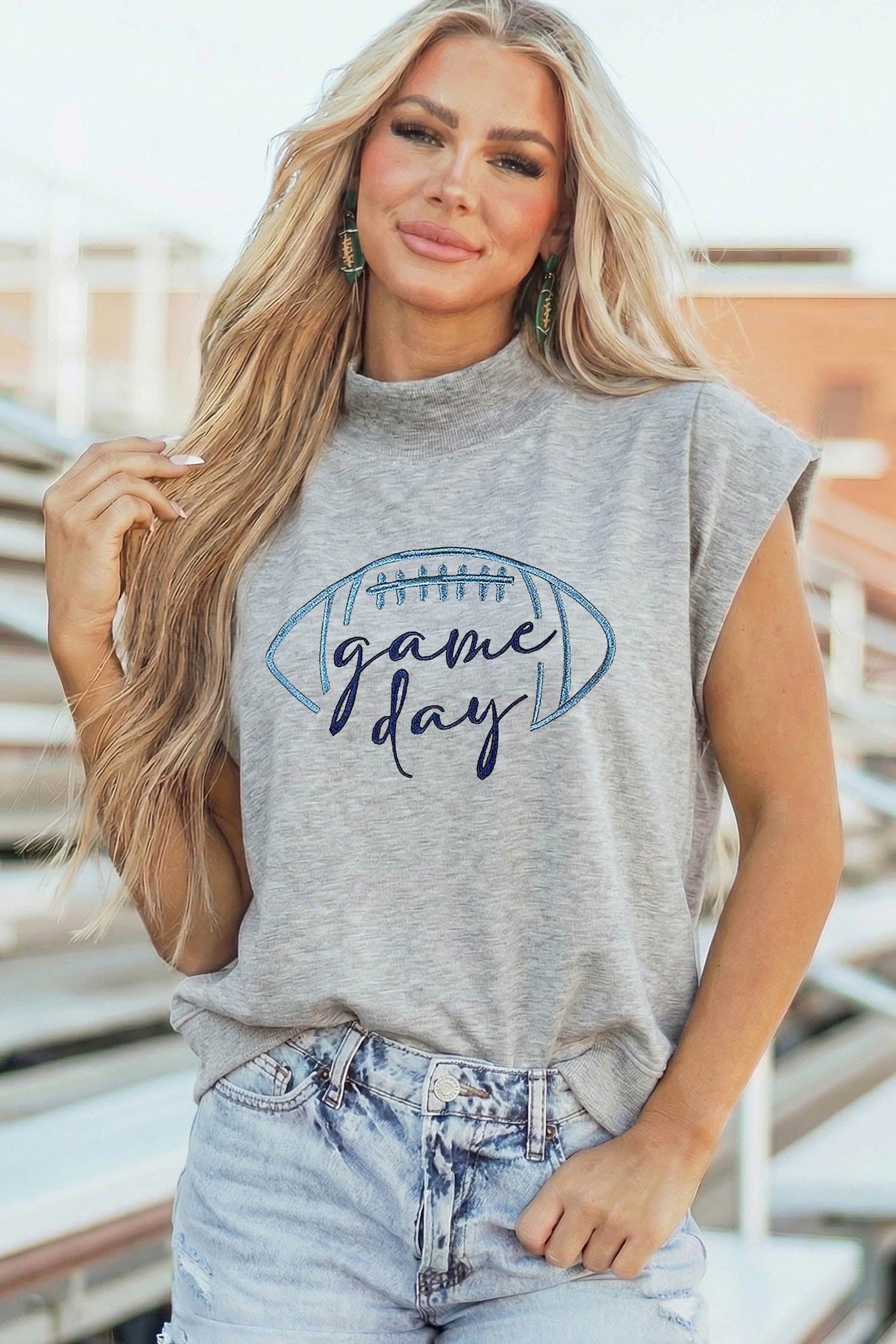Light Grey Embroidered Game Day Football High Neck Short Sleeve Top - Aaria Tees Aaria Tees
