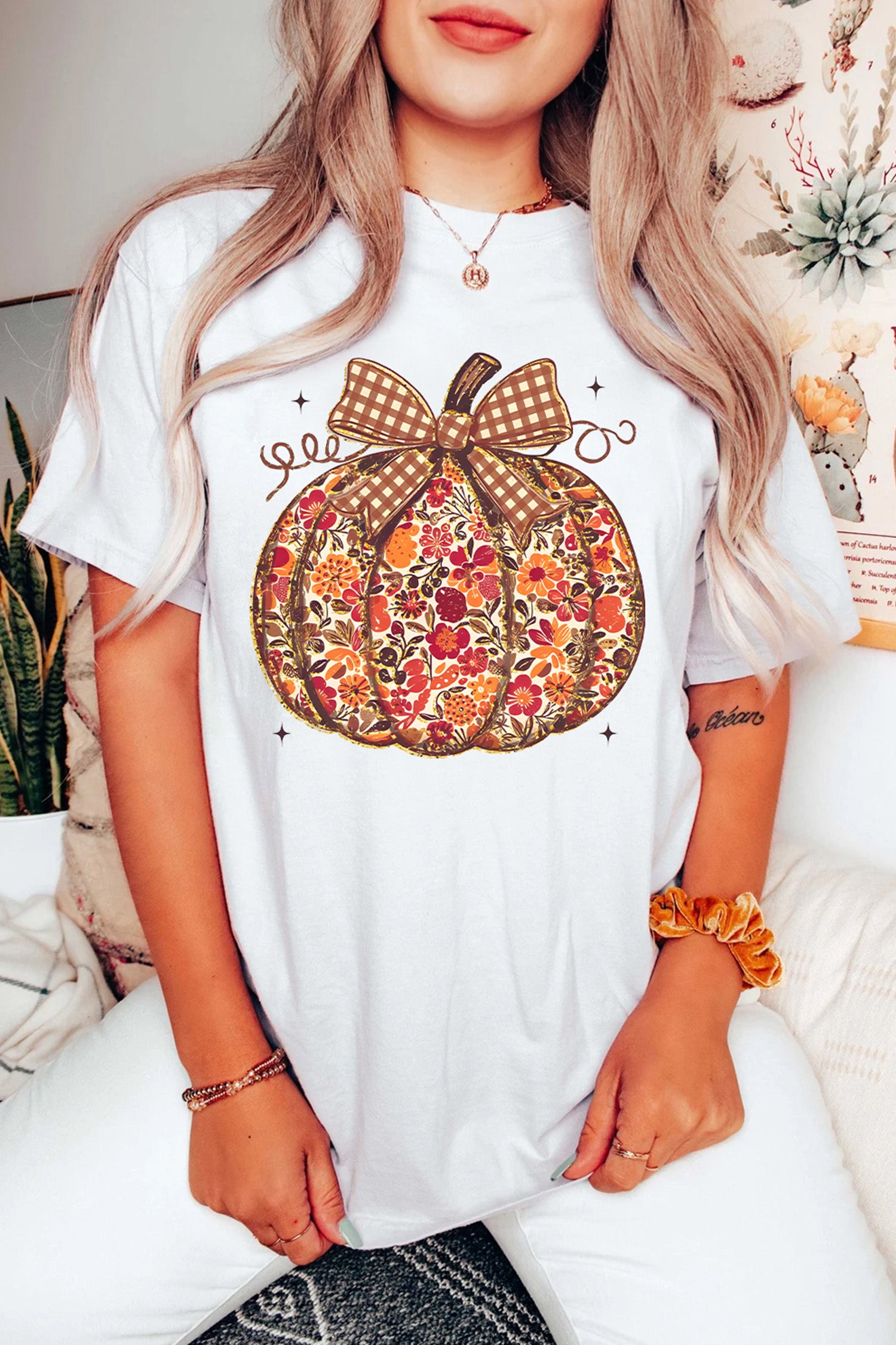 White Floral Pumpkin Print Round Neck Short Sleeve T-Shirt - Aaria Tees Aaria Tees
