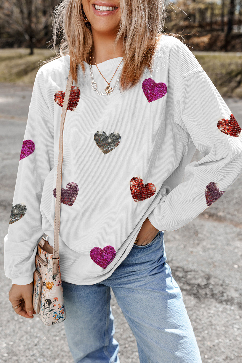 White Valentines Heart Patched Pattern Corded Pullover Sweatshirt - Aaria Tees Aaria Tees