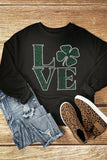 Black Rhinestone LOVE Clover Graphic St Patricks Pullover Sweatshirt Aaria Tees
