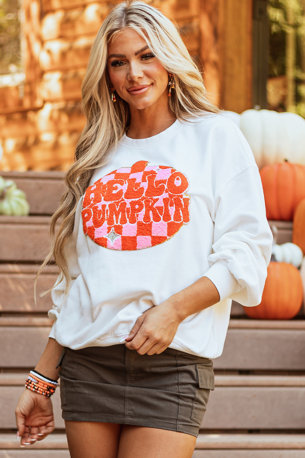 White Terry Halloween Pumpkin Patched Pattern Pullover Sweatshirt - Aaria Tees Aaria Tees