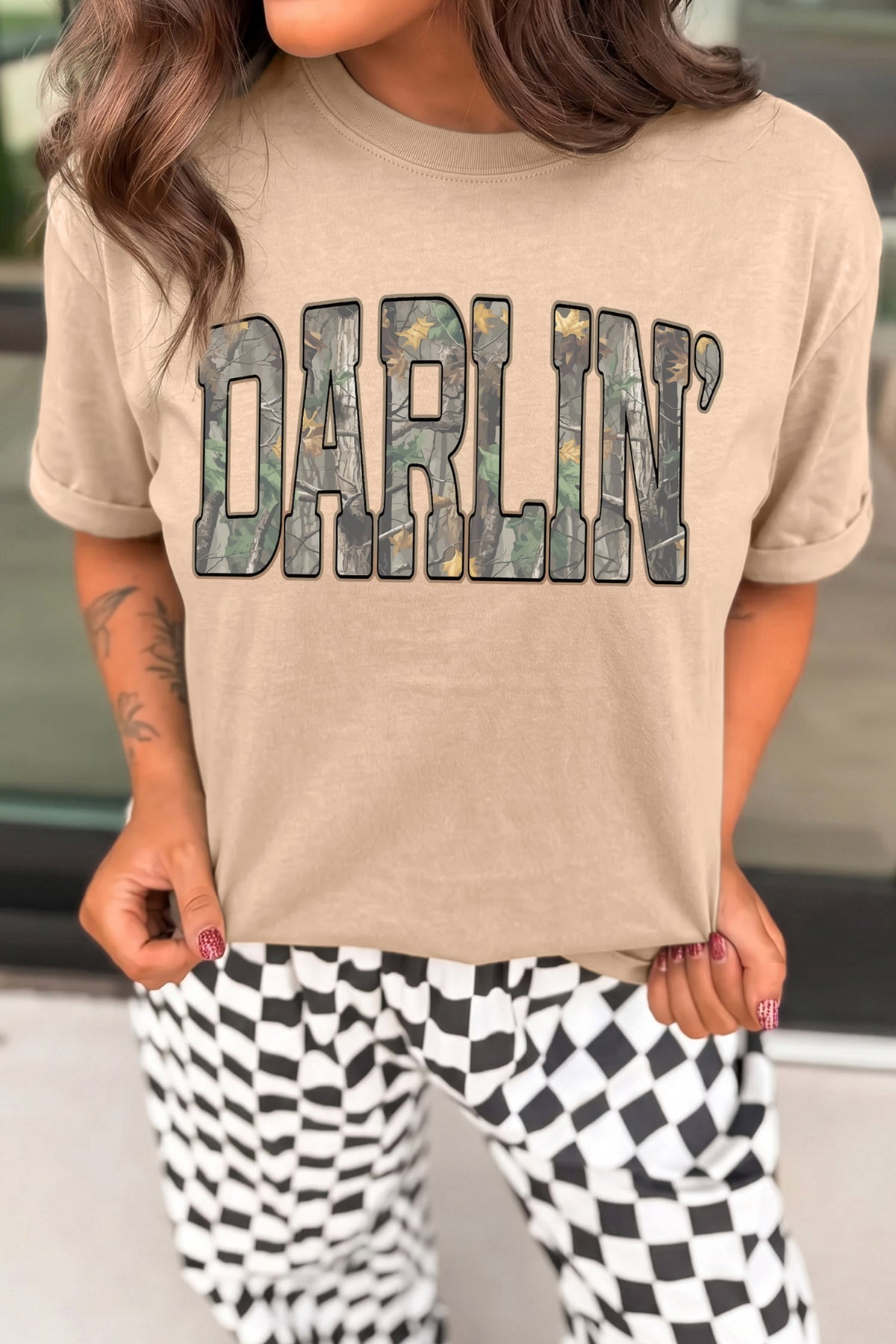 Khaki DARLIN Camo Letter Print Crewneck T Shirt - Aaria Tees