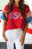Fiery Red Sequin USA Lettering Patriotic Contrast Splicing Sleeve Top Aaria Tees