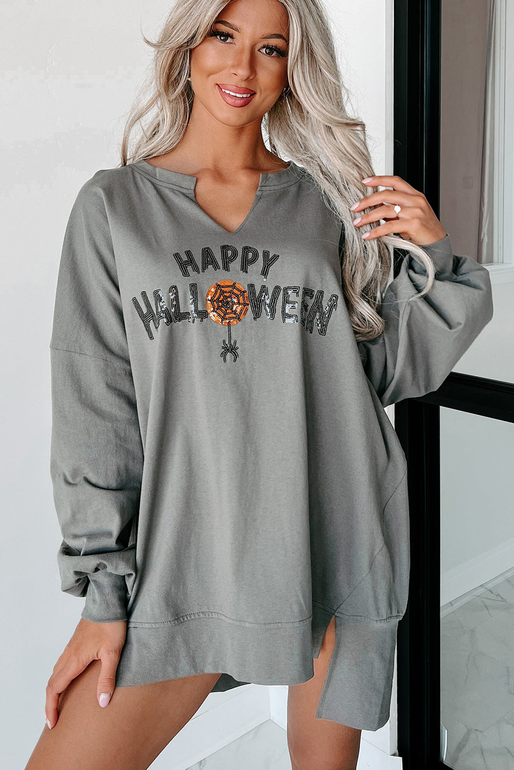 Medium Grey Sequin Happy Halloween Graphic Notched Neck Long Sleeve Loose Top - Aaria Tees Aaria Tees