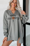 Medium Grey Sequin Happy Halloween Graphic Notched Neck Long Sleeve Loose Top - Aaria Tees Aaria Tees