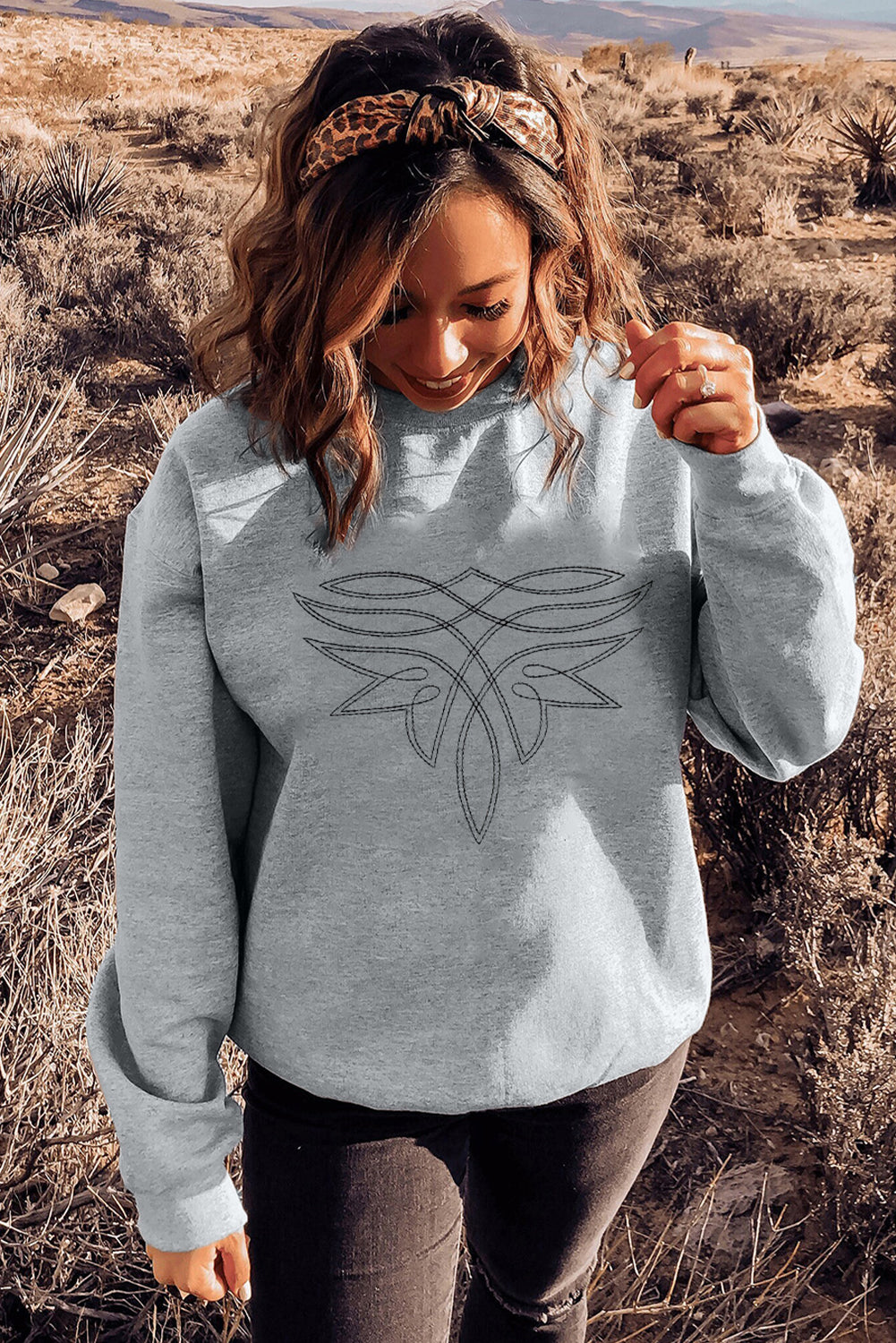 Gray Western Pattern Embroidered Drop Shoulder Pullover Top - Aaria Tees Aaria Tees