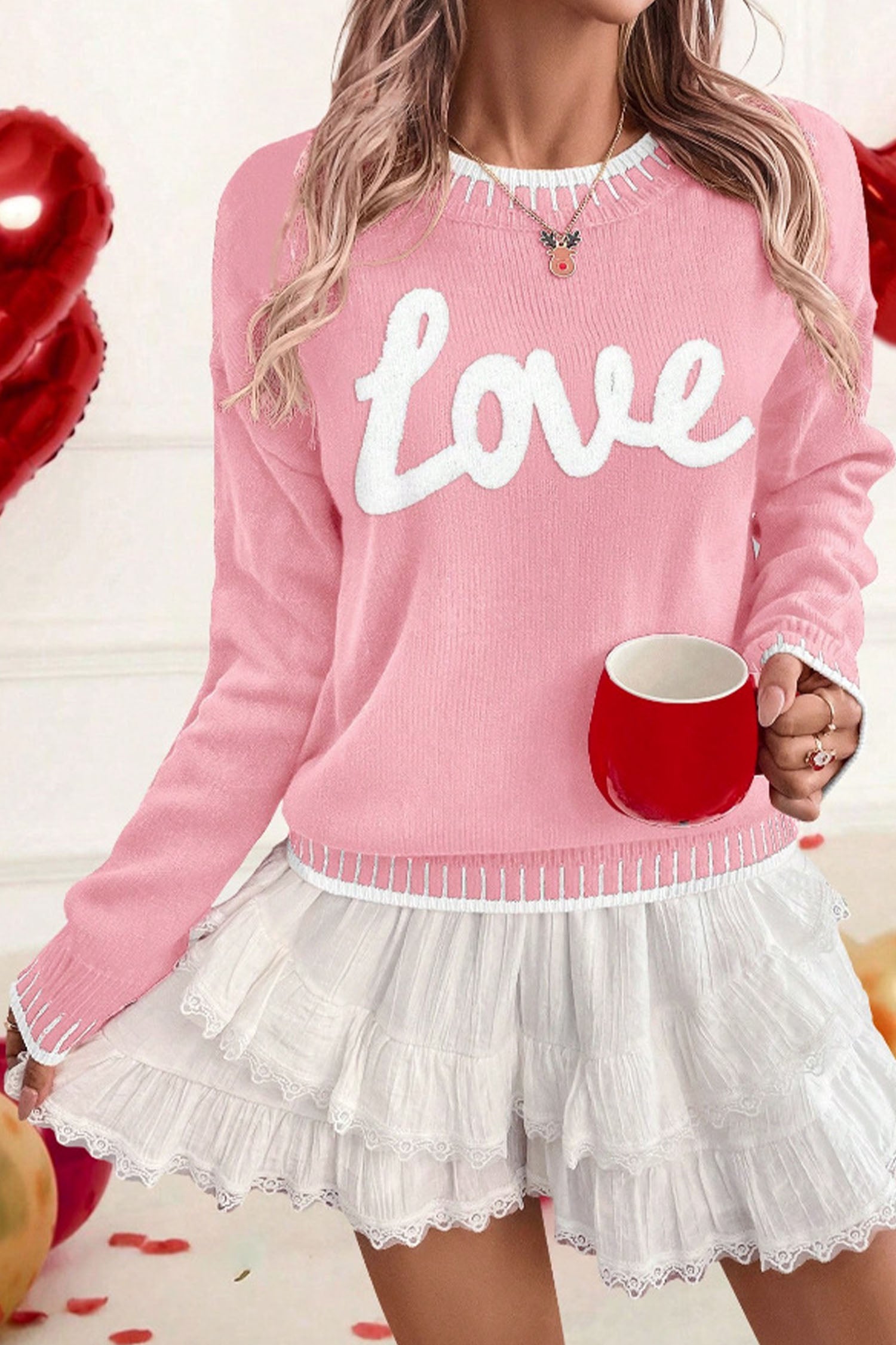Pink Valentine Love Chenille Letter Graphic Sweater - Aaria Tees Aaria Tees