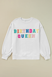 White BIRTHDAY QUEEN Graphic Balloon Sleeve Sweatshirt - Aaria Tees Aaria Tees