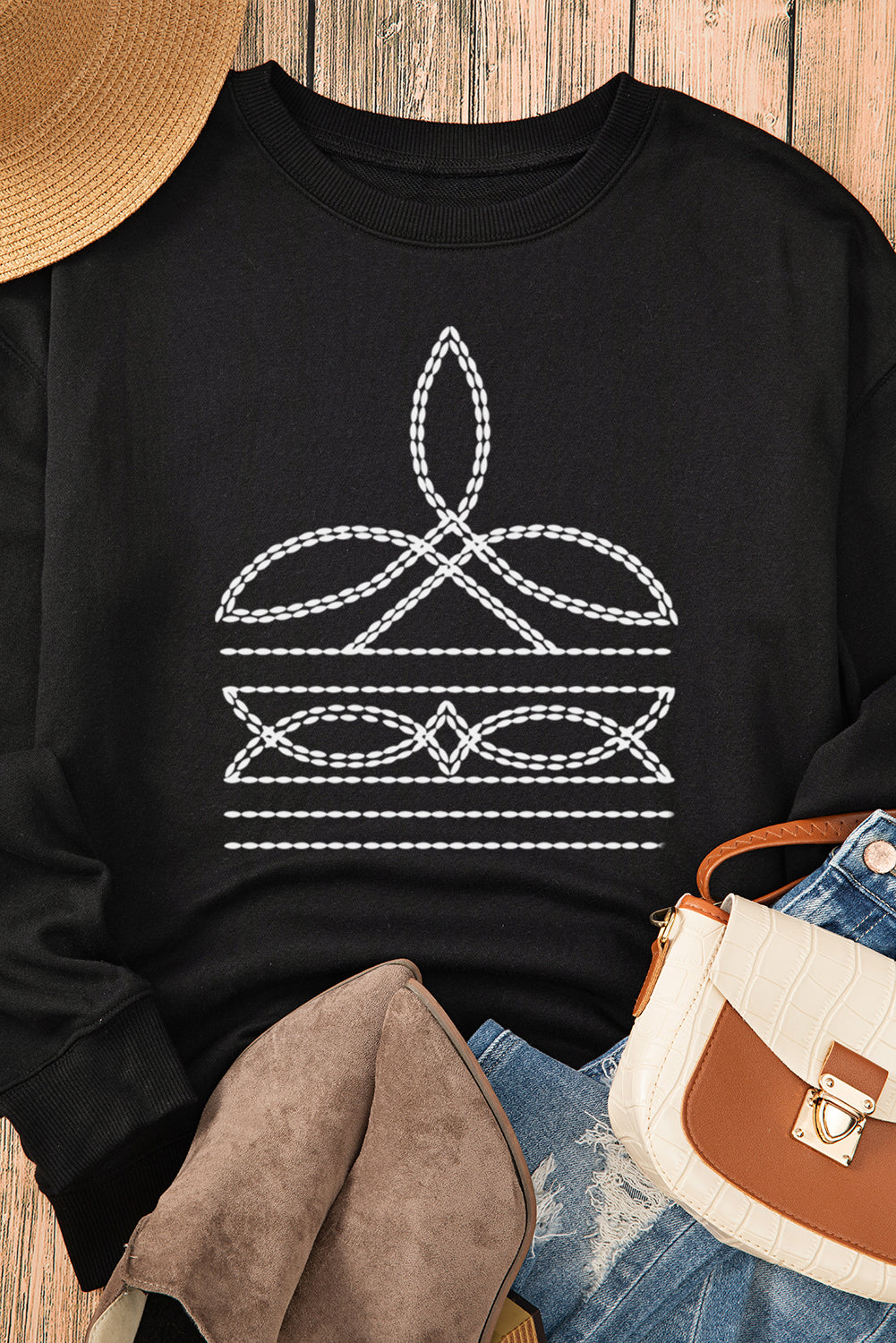 Black Western Pattern Print Round Neck Pullover Sweatshirt - Aaria Tees Aaria Tees