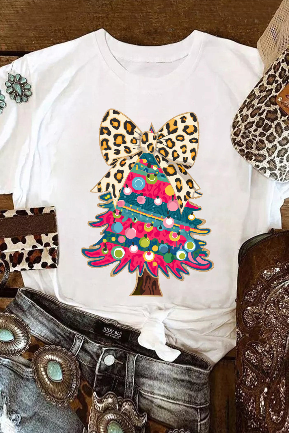 White Leopard Bow Décor Christmas Tree Graphic Crew Neck Tee - Aaria Tees Aaria Tees