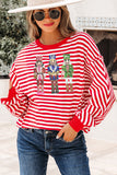 Red Stripe Christmas Nutcracker Sequin Patched Drop Shoulder Top Aaria Tees