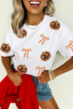 White Sequin Pumpkin Face Bow Halloween Graphic T Shirt Aaria Tees