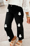 Black Sequin Ghost Patched Graphic Raw Hem Casual Jeans Aaria Tees