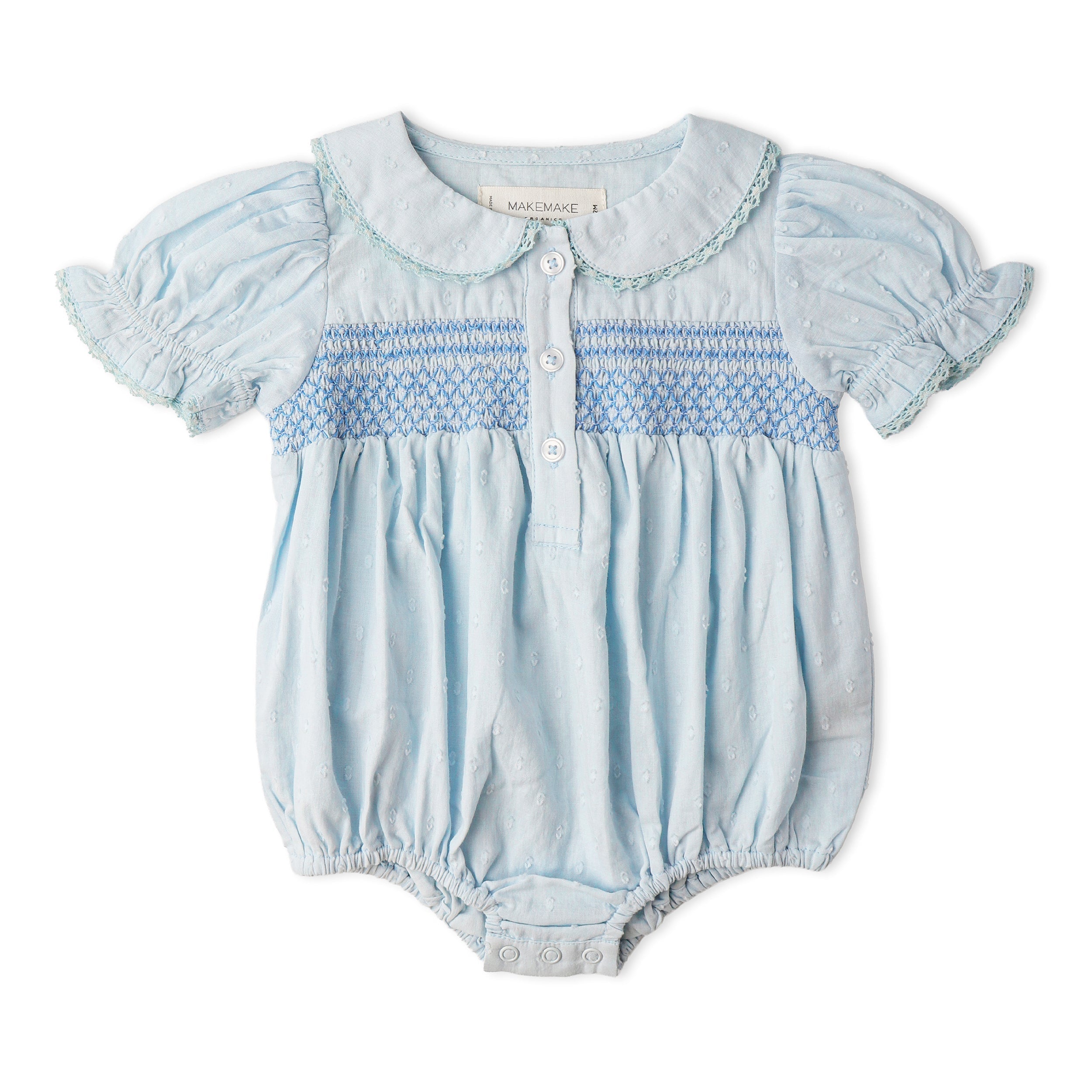 Organic Smocked Button Romper - Light Blue - Aaria Tees Aaria Tees