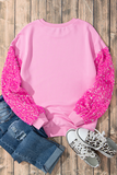 Pink Leopard Heart Graphic Sequin Patchwork Long Sleeve Valentines Top Aaria Tees