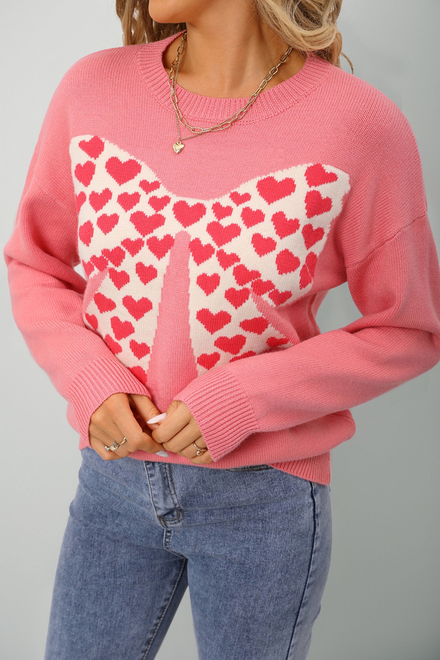 Dusty Pink Heart Bow Graphic Valentine Sweater - Aaria Tees Aaria Tees
