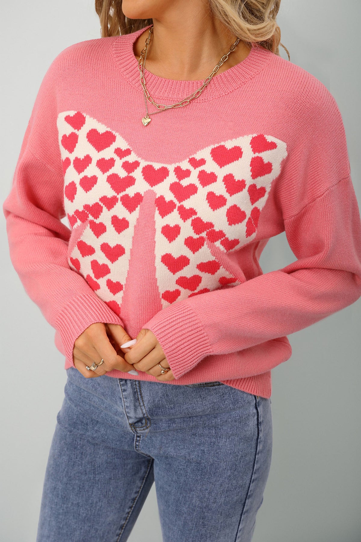 Dusty Pink Heart Bow Graphic Valentine Sweater - Aaria Tees