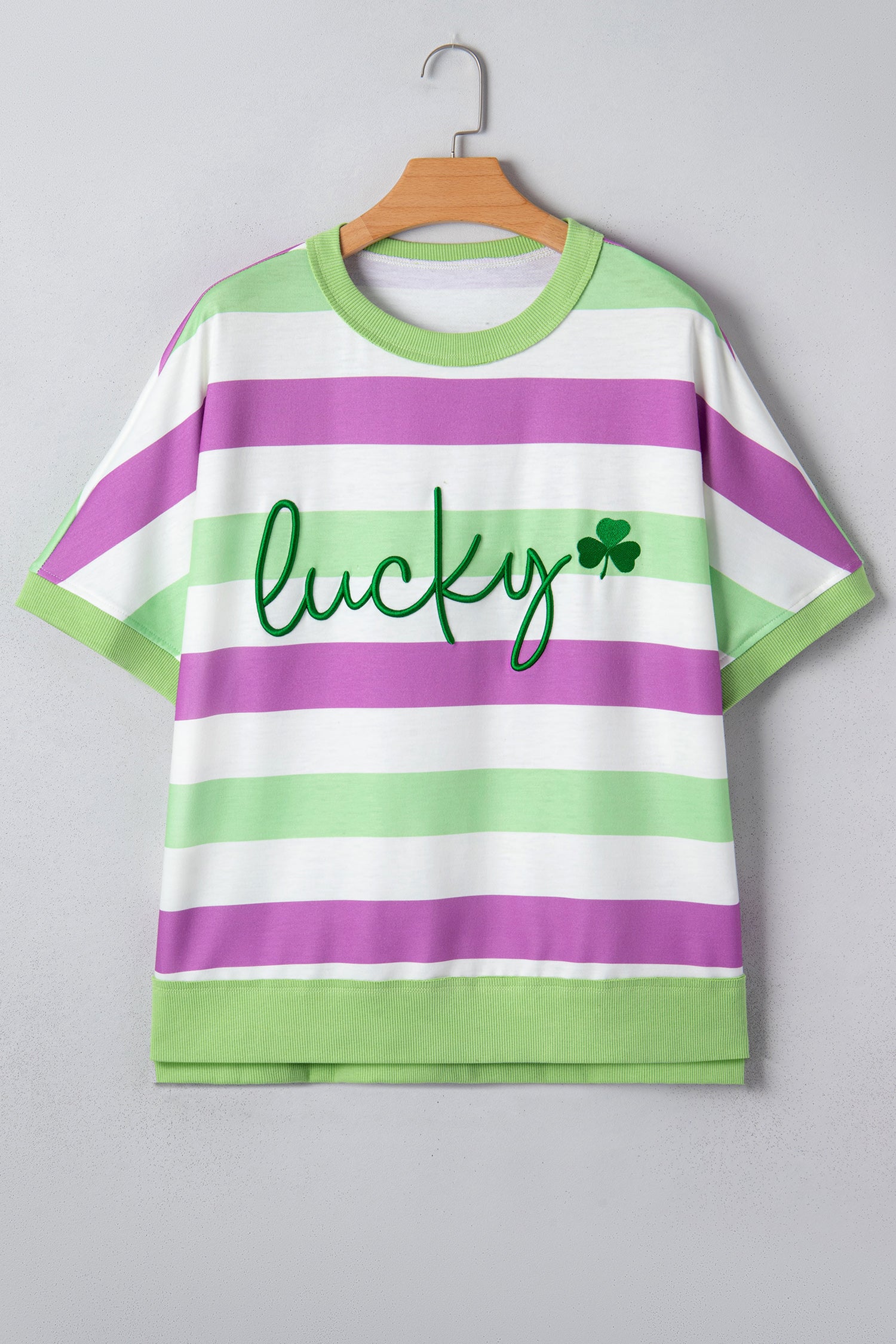 Green Stripe Lucky Clover Embroidered Graphic Dolman Loose Tee - Aaria Tees Aaria Tees