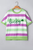 Green Stripe Lucky Clover Embroidered Graphic Dolman Loose Tee - Aaria Tees Aaria Tees