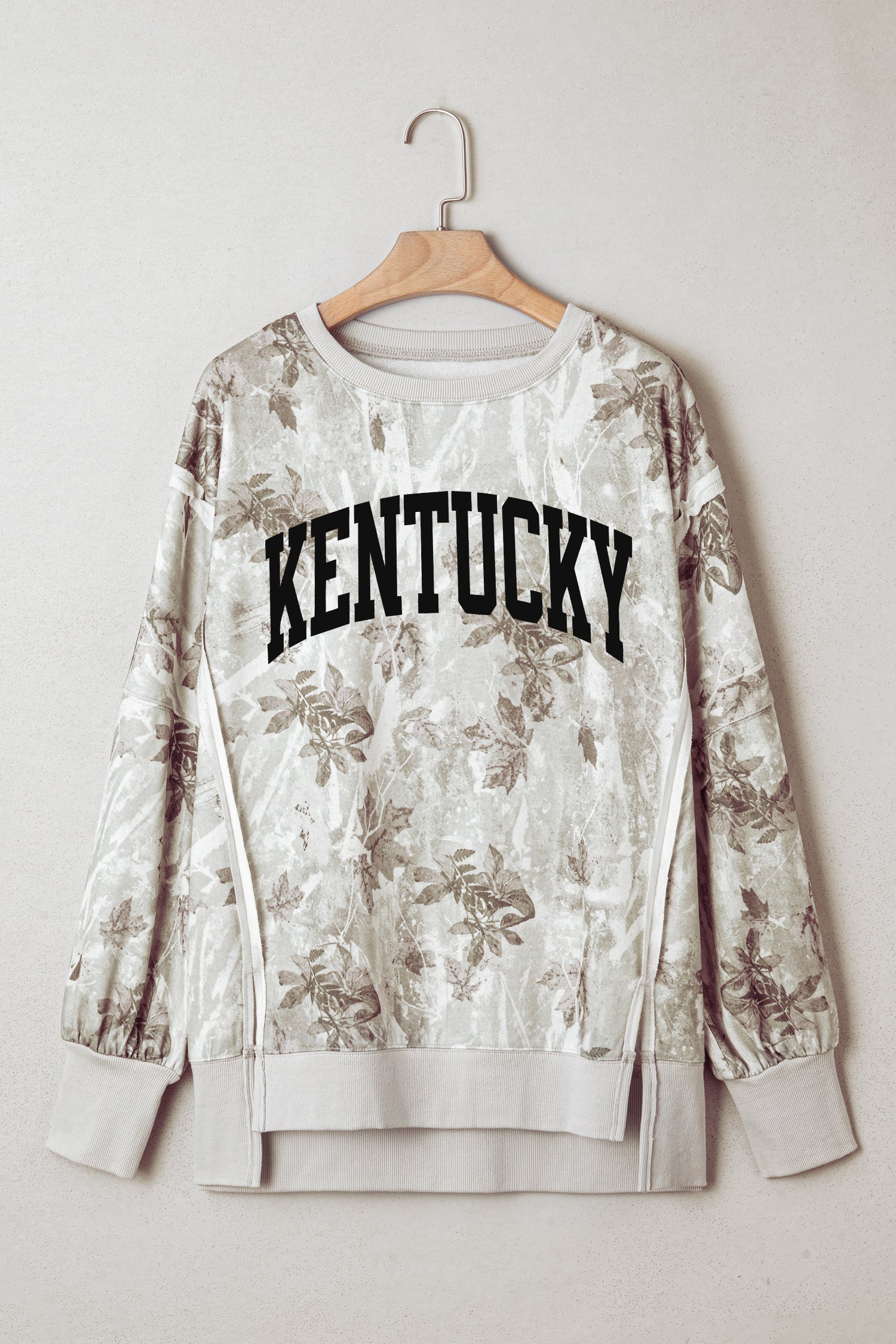 Gray KENTUCKY Raw Seam Detail Leafy Camouflage Baggy Sweatshirt - Aaria Tees Aaria Tees
