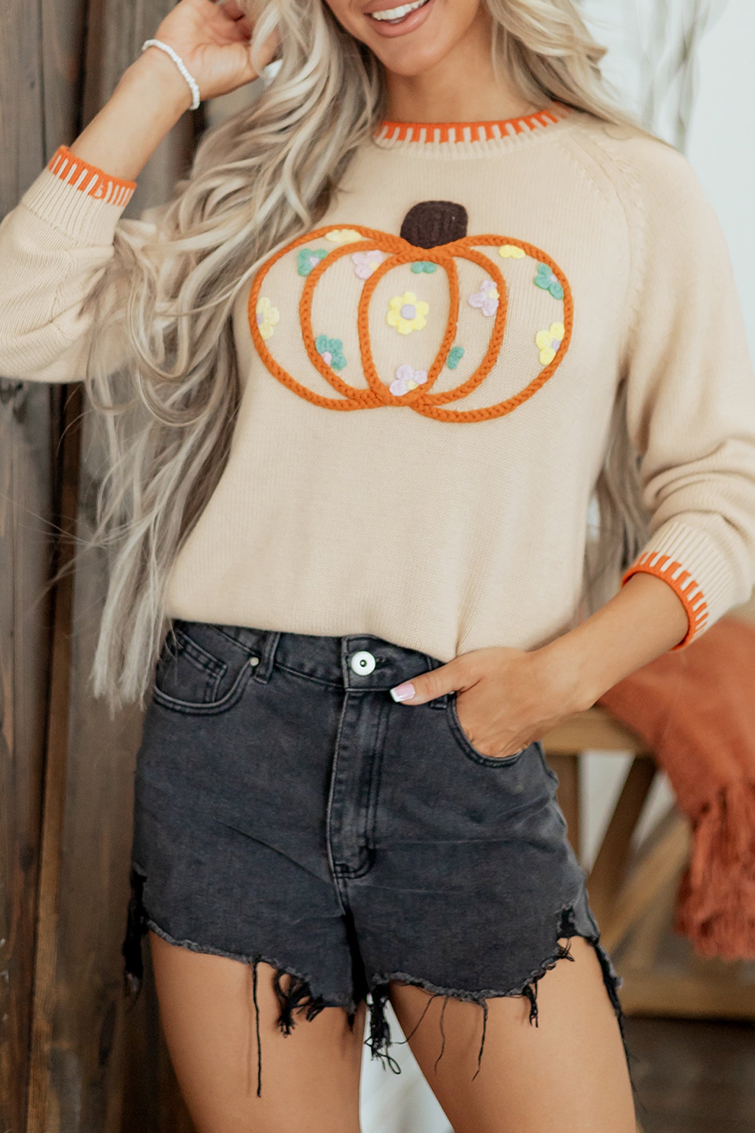 Parchment Floral Embroidery Pumpkin Long Sleeve Round Neck Sweater - Aaria Tees Aaria Tees
