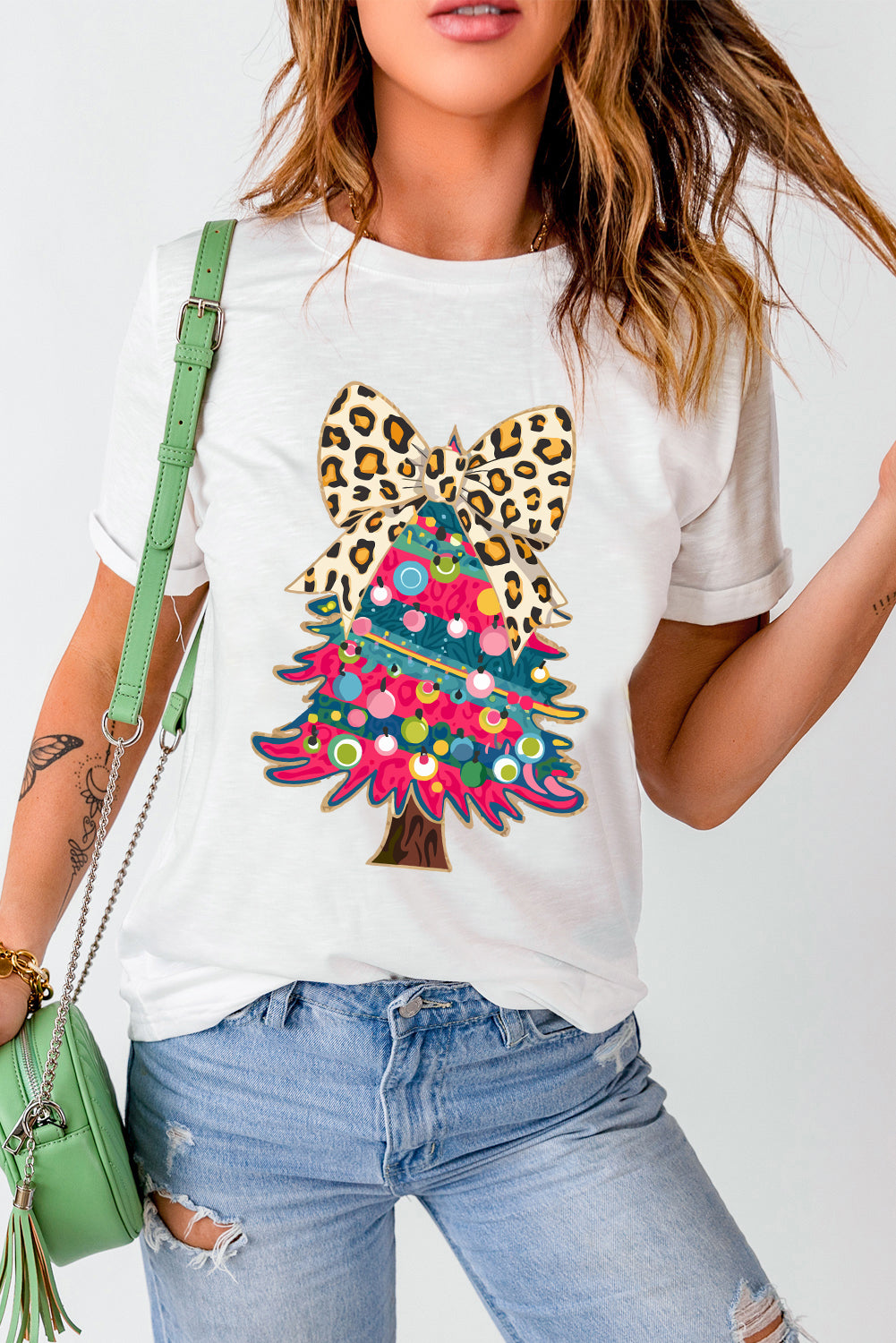 White Leopard Bow Décor Christmas Tree Graphic Crew Neck Tee - Aaria Tees Aaria Tees