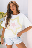 White Star Layered Patched Graphic Drop Shoulder Half Sleeve Loose Tee Aaria Tees