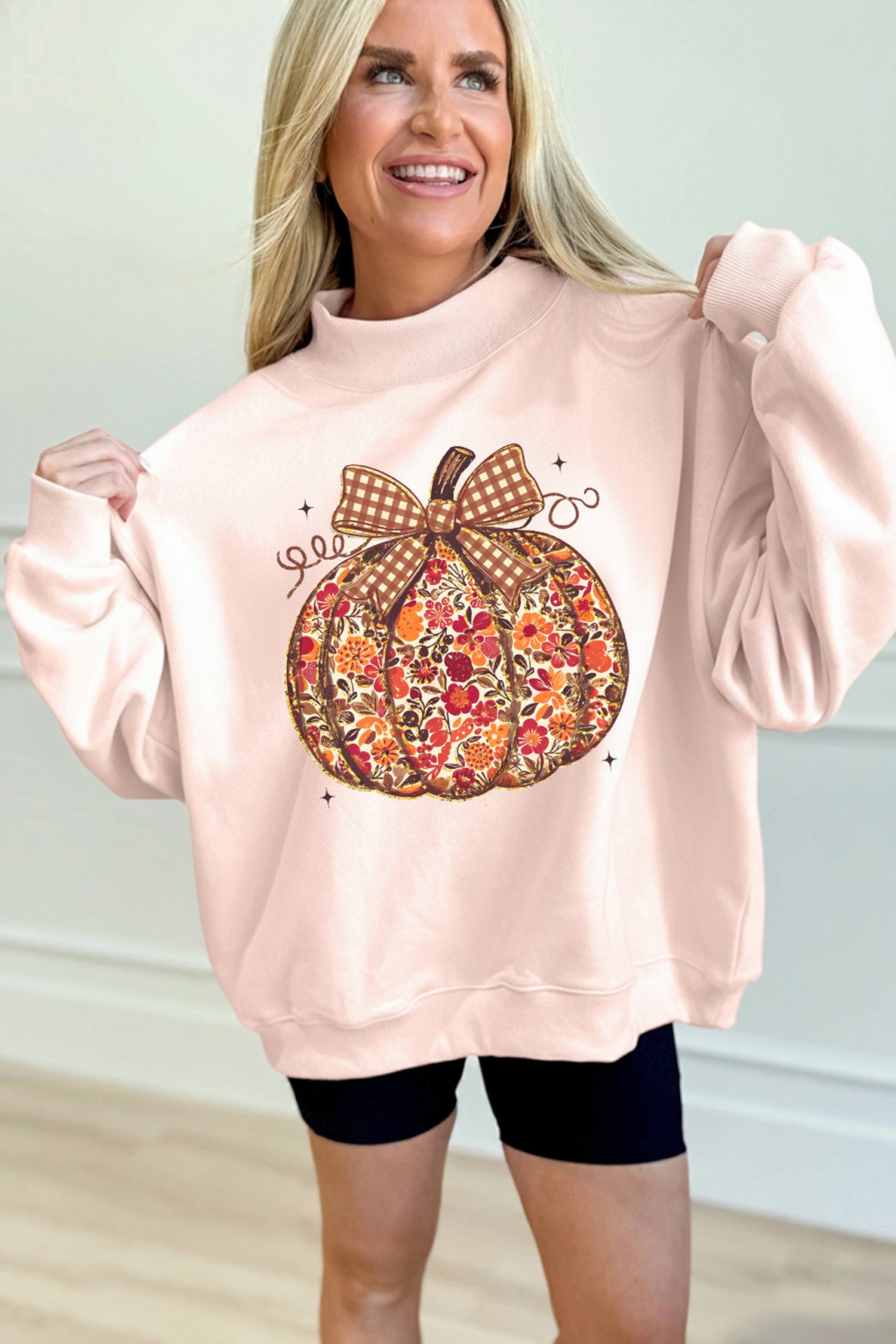 Apricot Pink Floral Pumpkin Graphic Mock Neck Oversized Sweatshirt - Aaria Tees Aaria Tees