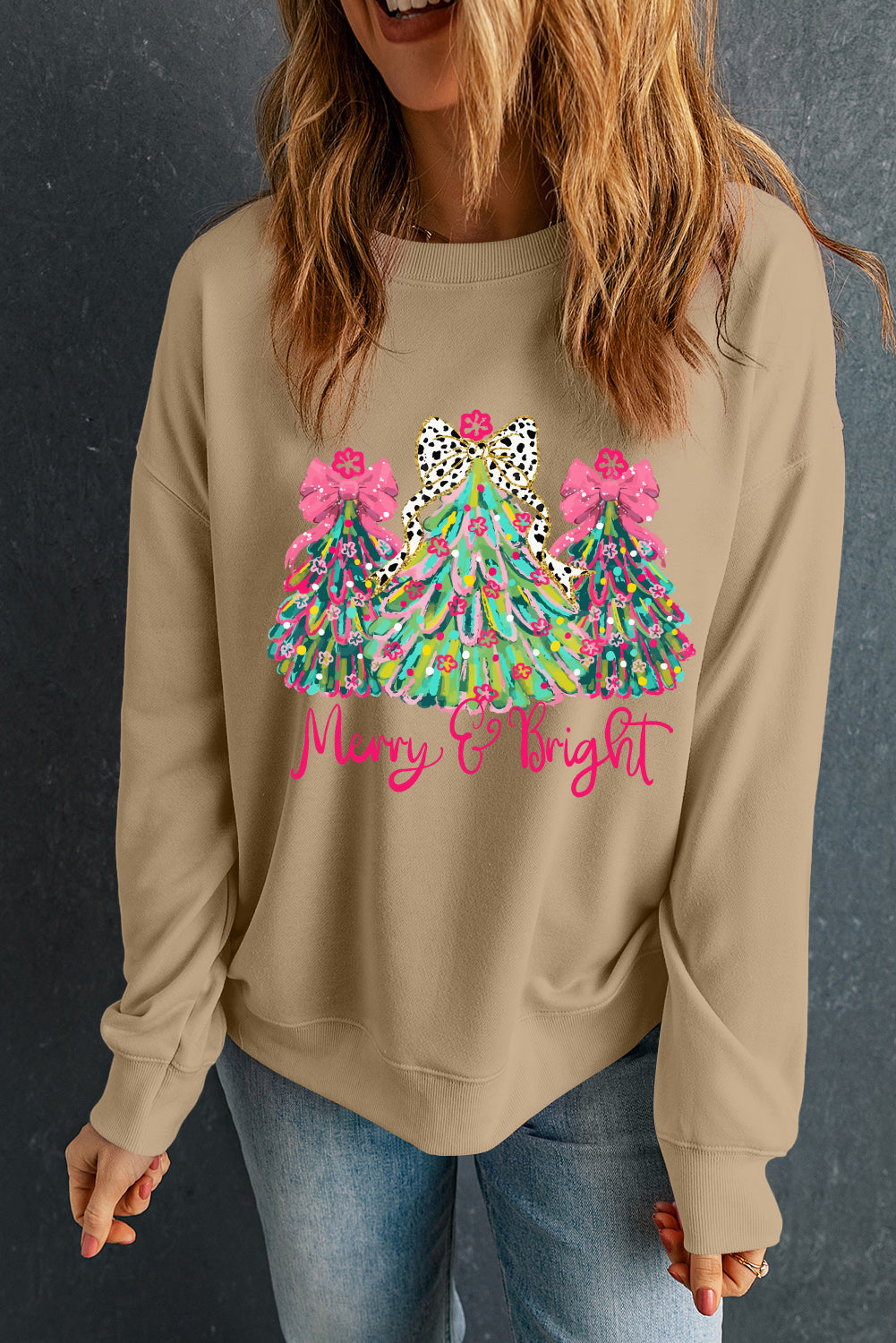 Khaki Merry & Bright Christmas Tree Print Pullover Sweatshirt - Aaria Tees Aaria Tees
