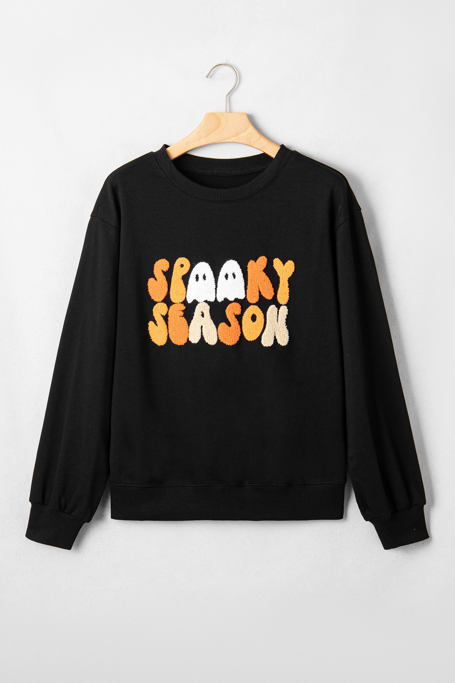 Color black Embroidered Spooky Season Graphic Long Sleeve Round Neck Pullover Sweatshirt - Aaria Tees Aaria Tees