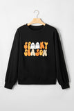 Color black Embroidered Spooky Season Graphic Long Sleeve Round Neck Pullover Sweatshirt - Aaria Tees Aaria Tees