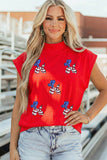 Racing Red Sequin American Flag Balloon Dog High Neck Short Sleeve Top - Aaria Tees Aaria Tees