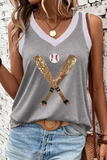 Gray Sequined Baseball Bat Graphic Ribbed Trim Casual Tank Top - Aaria Tees Aaria Tees