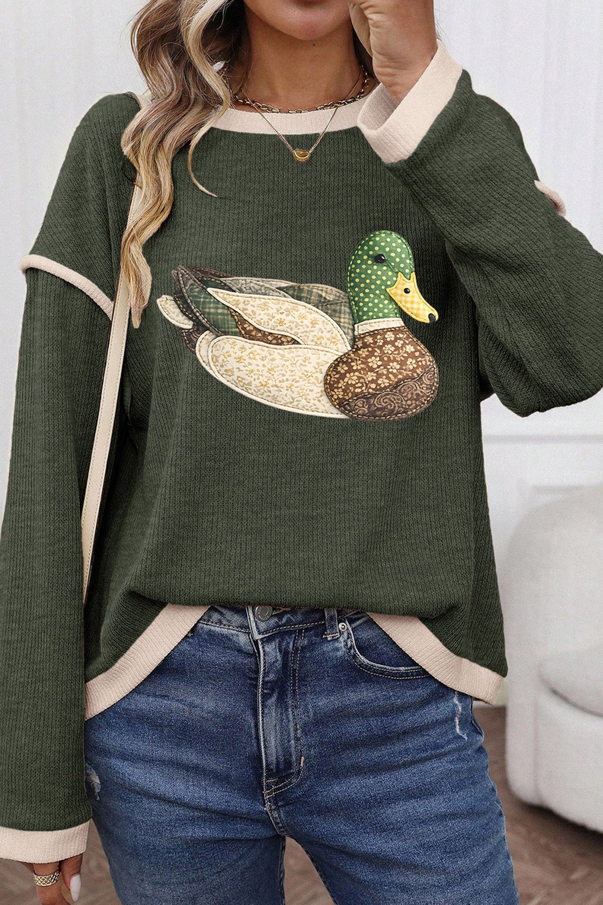 Four Leaf Clover Mallard Duck Graphic Contrast Trim Patchwork Casual Knit Top