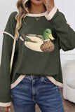 Four Leaf Clover Mallard Duck Graphic Contrast Trim Patchwork Casual Knit Top Aaria Tees