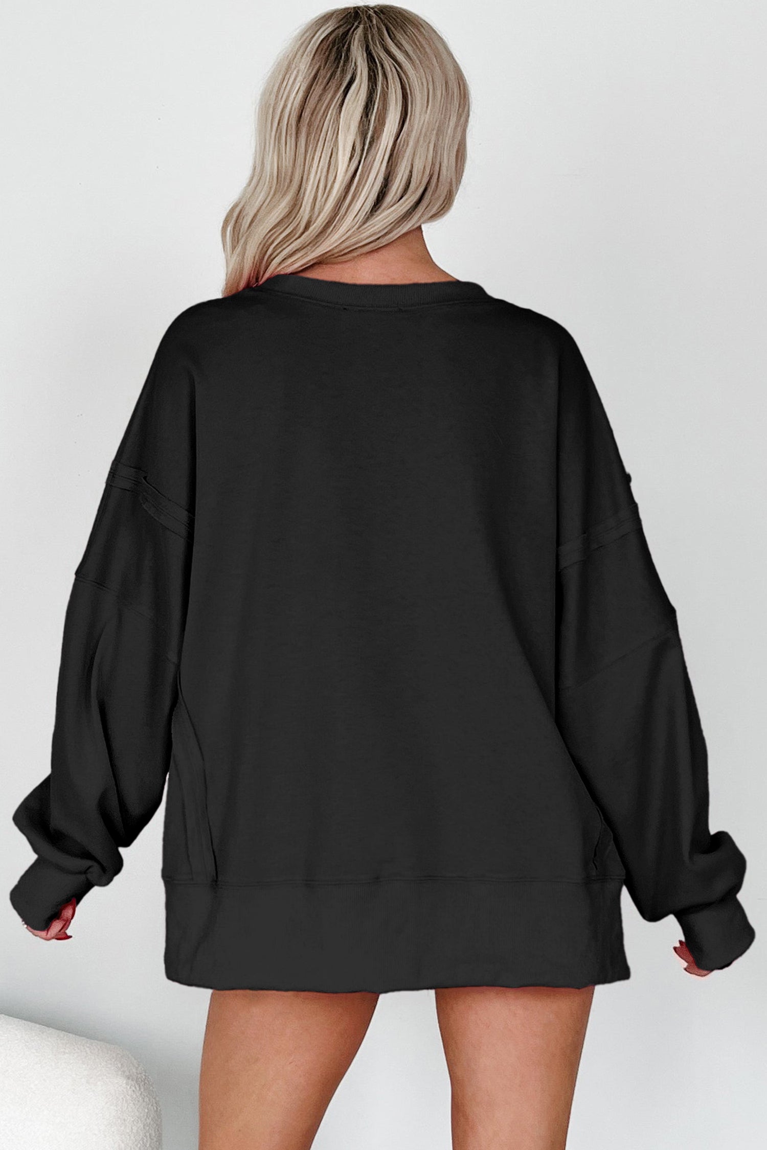 Black Bow Sequin XOXO Letter Graphic Exposed Seam Baggy Sweatshirt - Aaria Tees Aaria Tees