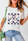 White Checkered Rugby Bowknot Graphic Crew T Shirt Aaria Tees