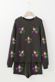 Carbon Grey Mardi Gras Fleur de Lis Patched Corded Long Sleeve Top and Shorts Aaria Tees