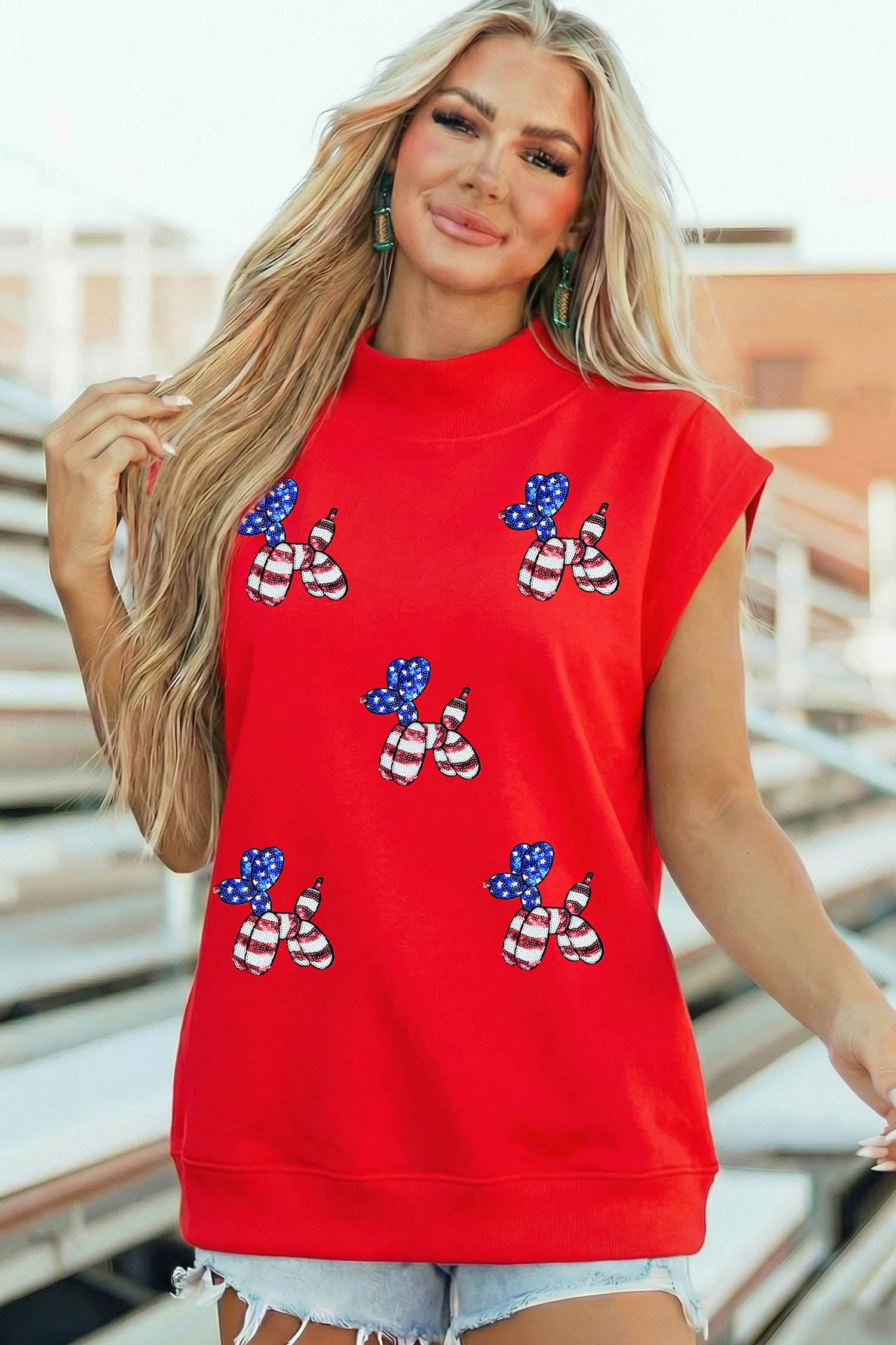Racing Red Sequin American Flag Balloon Dog High Neck Short Sleeve Top - Aaria Tees Aaria Tees