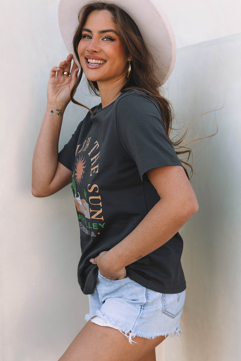 Dark Grey RISE WITH THE SUN Western Fashion Graphic Tee - Aaria Tees Aaria Tees